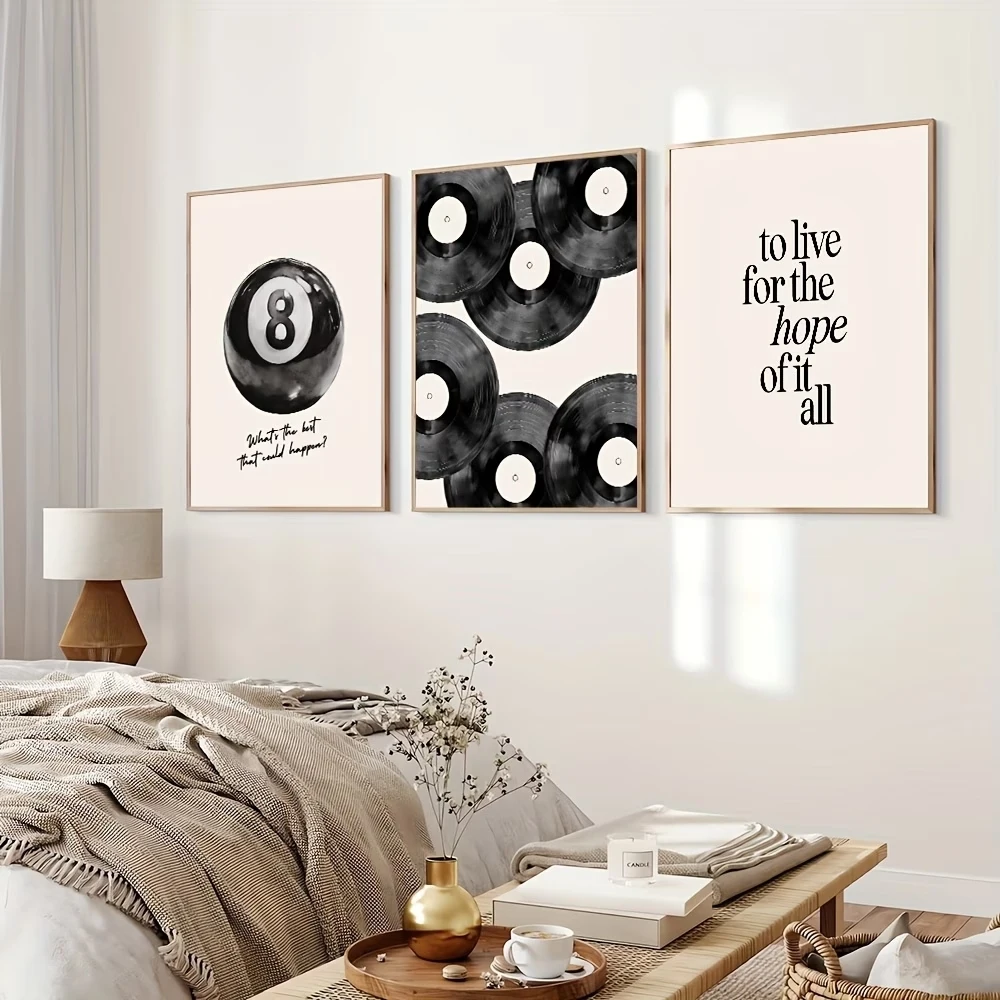 3pcsModern Black 8 Pool Ball Vinyl Record Preppy Wall Art Print Canvas Painting Poster Picture For Living Room Home Decor