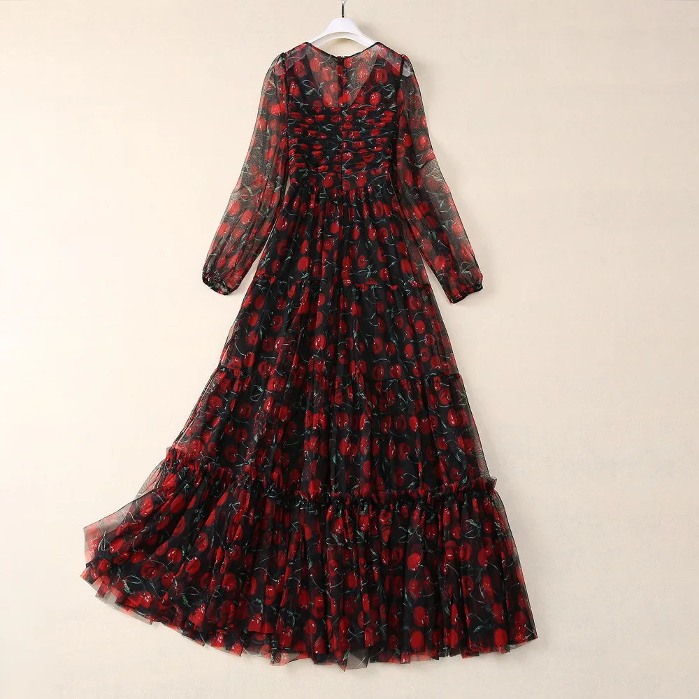 European and American women's clothing new summer V-neck Long sleeve cherry print Fashion pleated dress