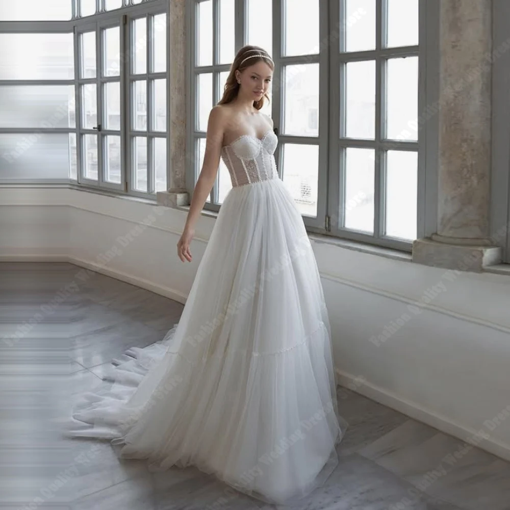 

Sweetheart Collar Women Wedding Dresses High Quality Shining Lace Print Bridal Robes Mopping Length Vestido De Novia Customized