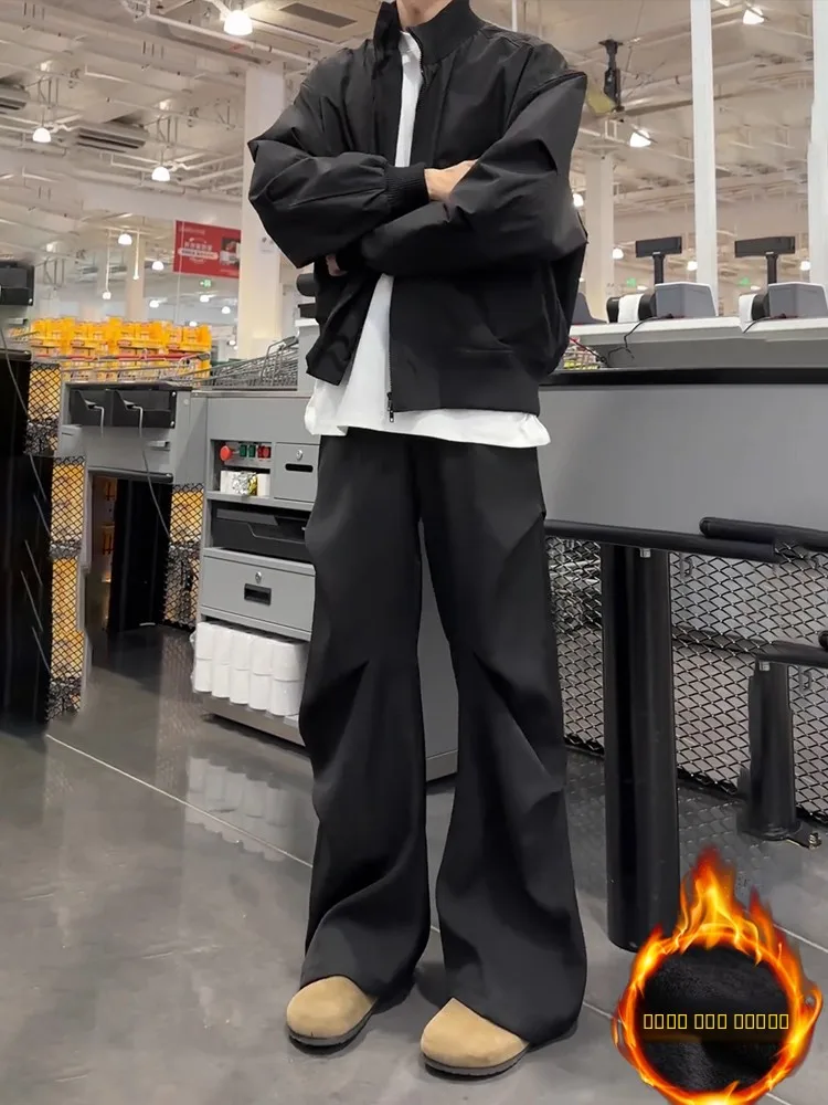 

American Sle Cleanfit Pleated Wide Leg Men's Autumn Winter Thiened Fce Casual Trousers Faionable High Waist Pants