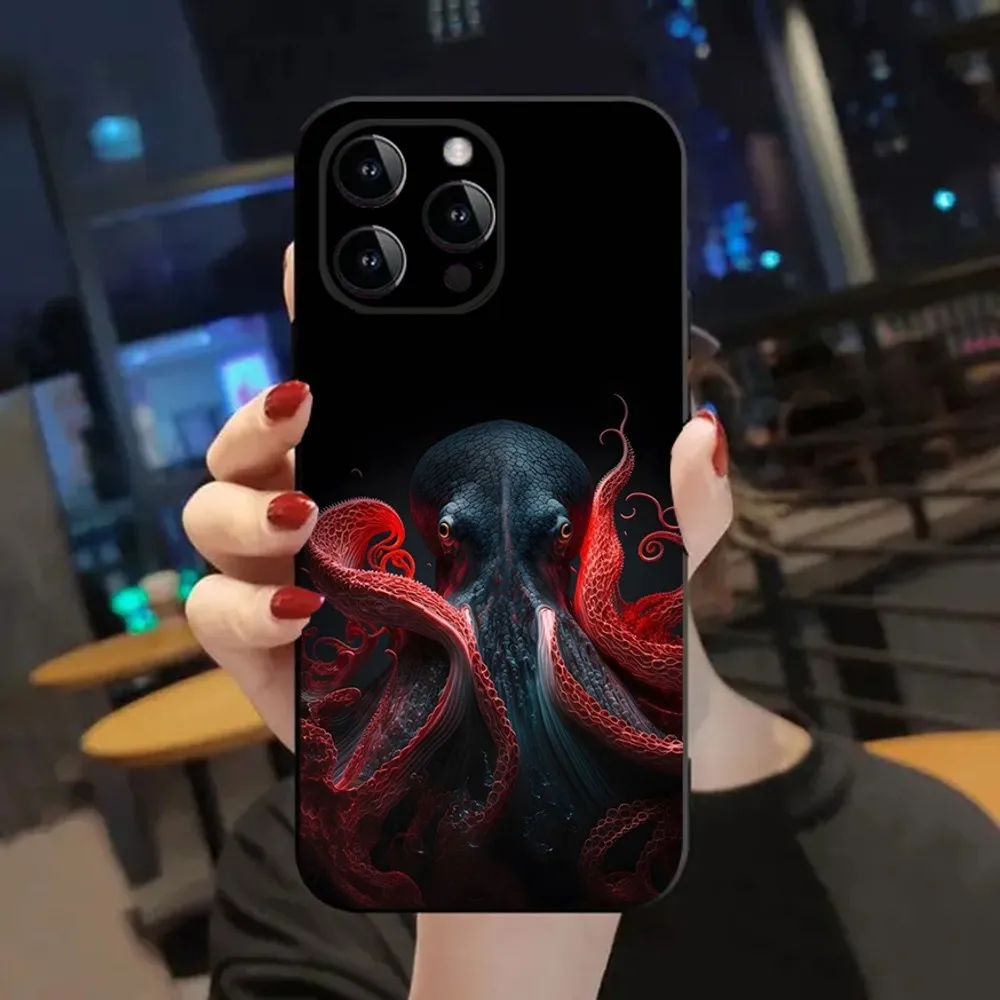 Marine Life Ocean Octopus Phone Case For Apple iPhone 15,14,13,12,11,XS,XR,X,8,7,Pro,Max,Plus,mini Silicone Black Cover