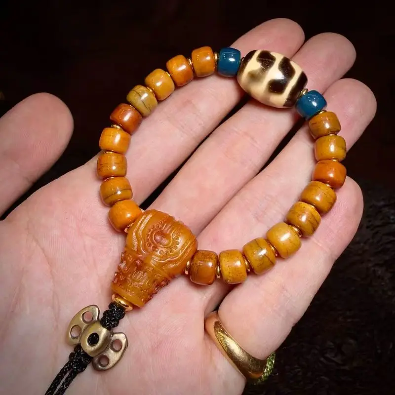 5A Grade, Genuine Natural Stone Agate, Daluo Double Dzi Bead , Tibetan-Style Bracelet Made With Cow Bone 2