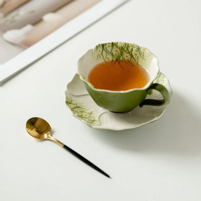 Chinese Style Spring Daisy Pattern Ceramic Tea Cup Ladies' Drinking Cup With Plate Pure Hand-painted Coffee Cup Plate Set ZJ234 5