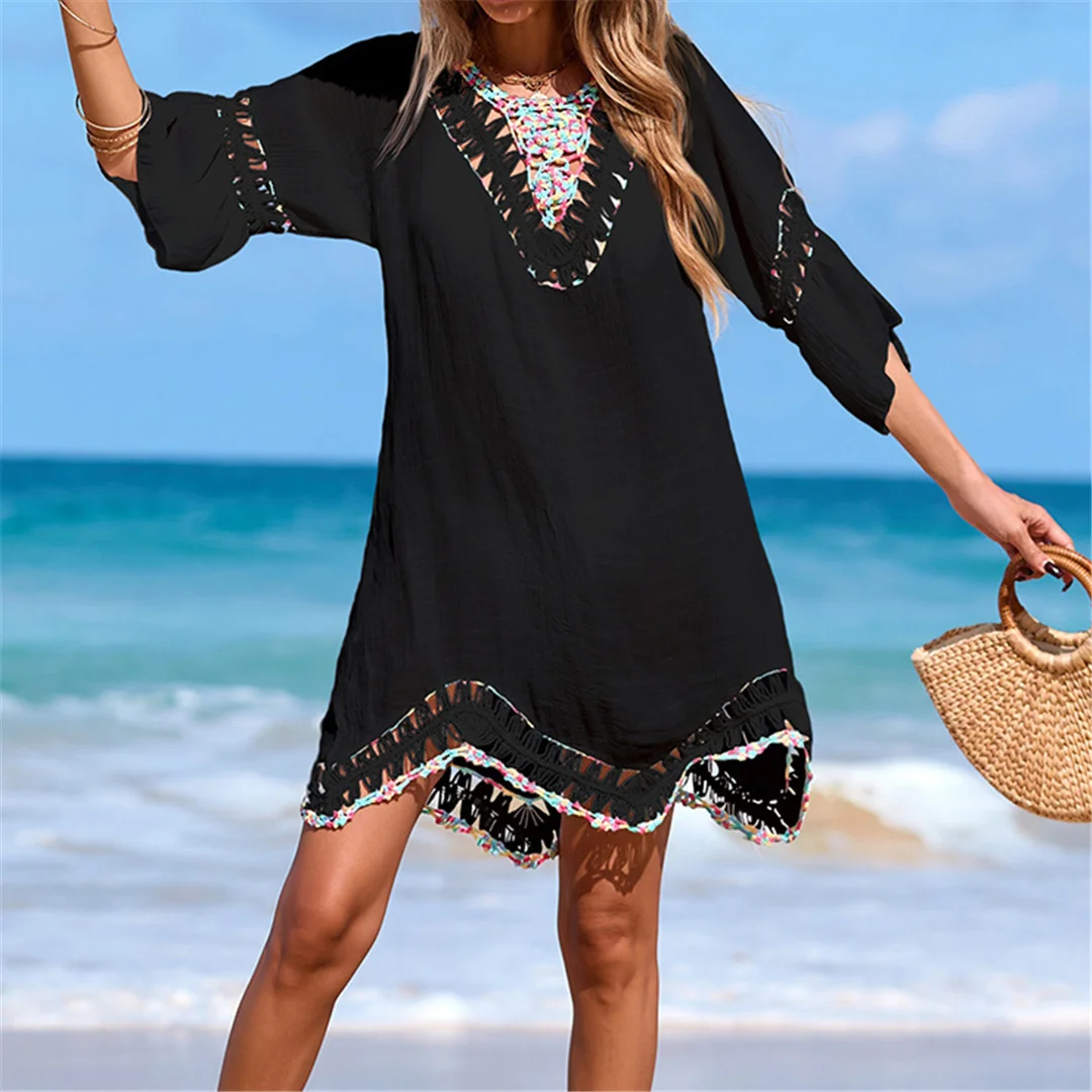 Buntes, halbärmeliges, rückenfreies, gehäkeltes, gestricktes Tunika-Strandkleid, Strandmode, Damen-Strandkleid, Strand-Cover-up, Damen-Cover-ups V7537 – Detail 10