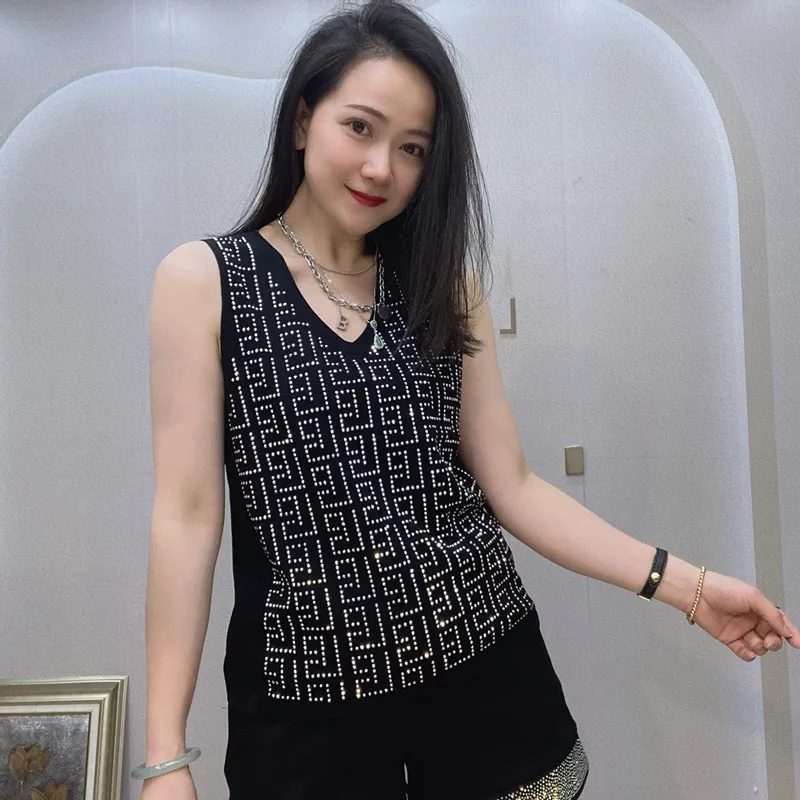 

Glittery Diamonds T Shirts Women Summer Clothing Geometric Pattern Casual Street Wear Black Slim Sleeveless Tops женская одежда