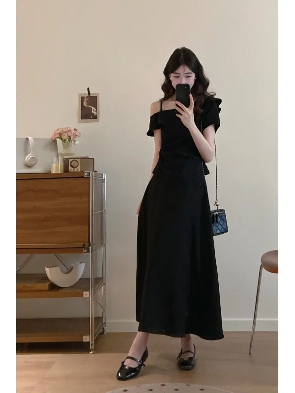 

plus Size Fashion Set Summer New Design Shoulder Exposure Lace Trim Short Sleeve Top High Waist Semi Long Skirt Korean Style