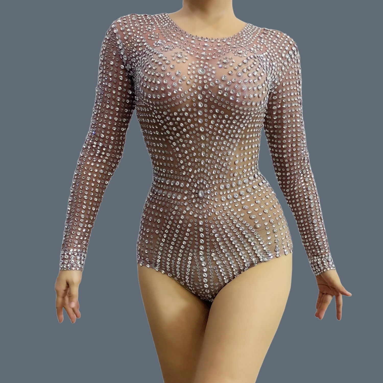 Sparkly Crystals Sexy Mesh Bodysuit  Women Celebrate Event Show Party Outfit Night Club Dance Performance Costume Shuangjiang