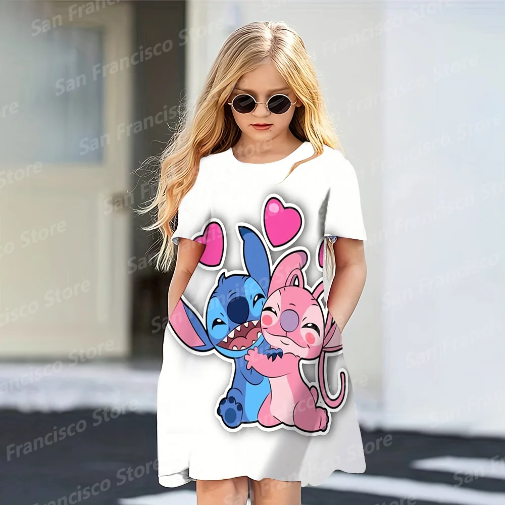 Summer Hot Sale Disney Blue Pink Stitch Girl Birthday Party Casual Dress KID/Adult Parent-Child Dress 3D Printed Love Cartoon