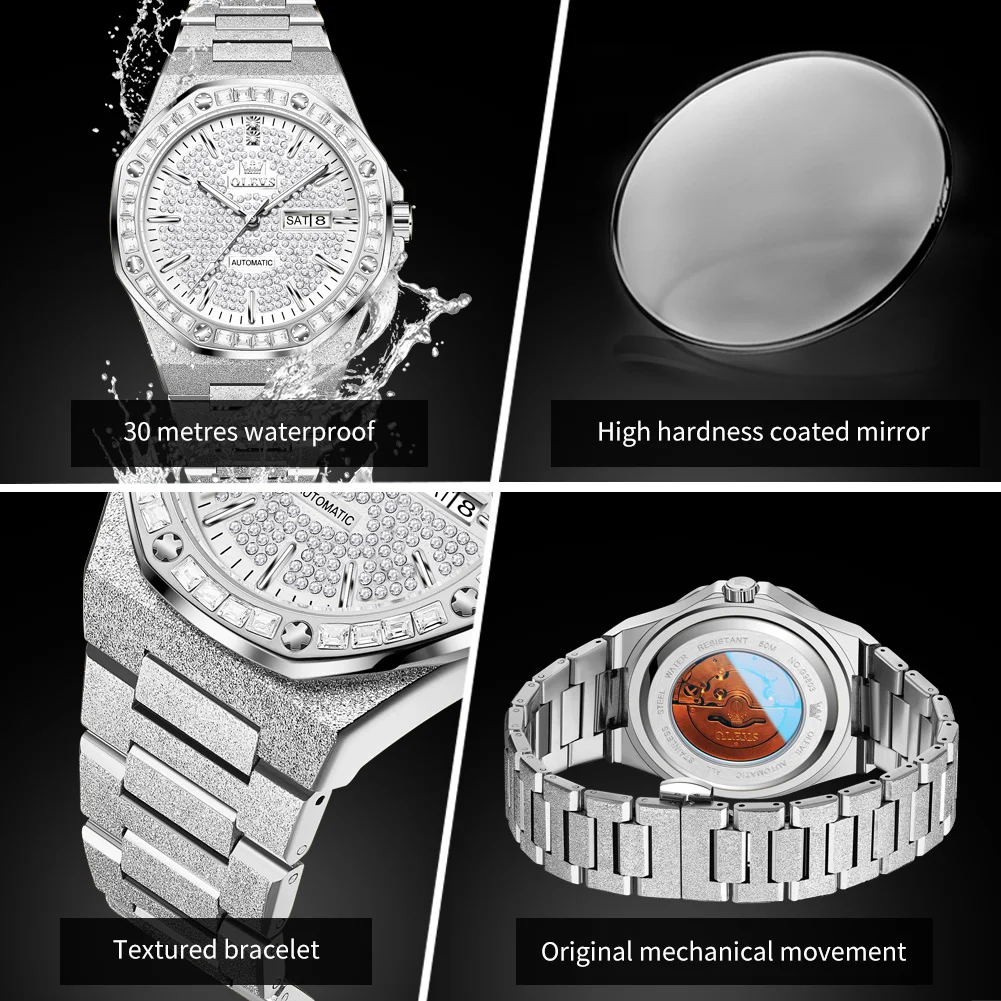 OLEVS 9803 Man Watch Full Diamond Automatic Mechanical Wristwatch for Men Stainless Steel Waterproof Calendar Men's Watches 2024