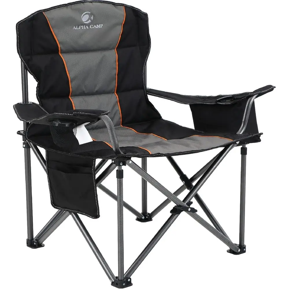 Heavy Duty Camping Chair 500LBS Capacity, Oversized Padded Portable Outdoor Chair with Cooler Bag & Cup Holder for Camping, Fish