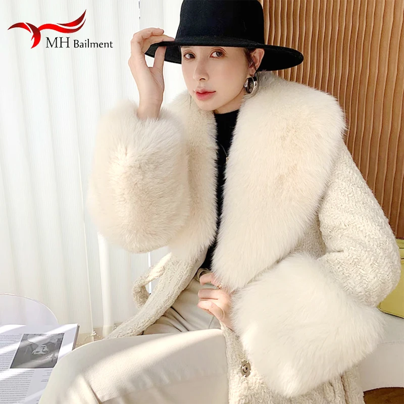 Large Winter Faux Fox Fur Scarf Women Jackets Warm Fluffy Shawl Fashion Artificial Fur Collar And Cuff Set Fluffy Scarves Female