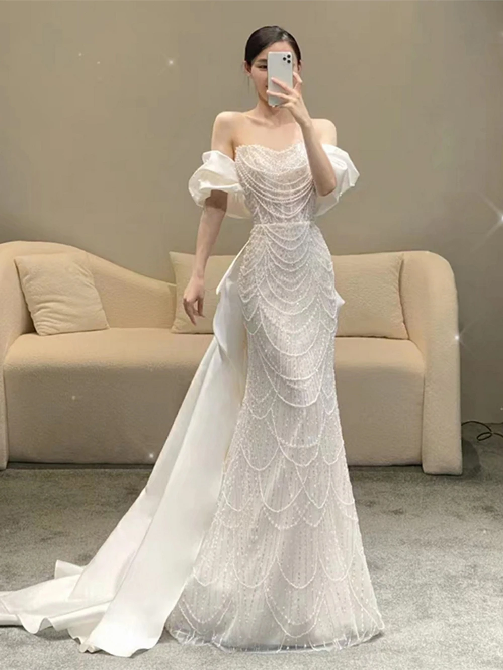 SONDR Luxury Beading Customized Lace Wedding Dresses Mermaid Short Sleeves Floor Length Brides Gowns Women Bridal Dresses