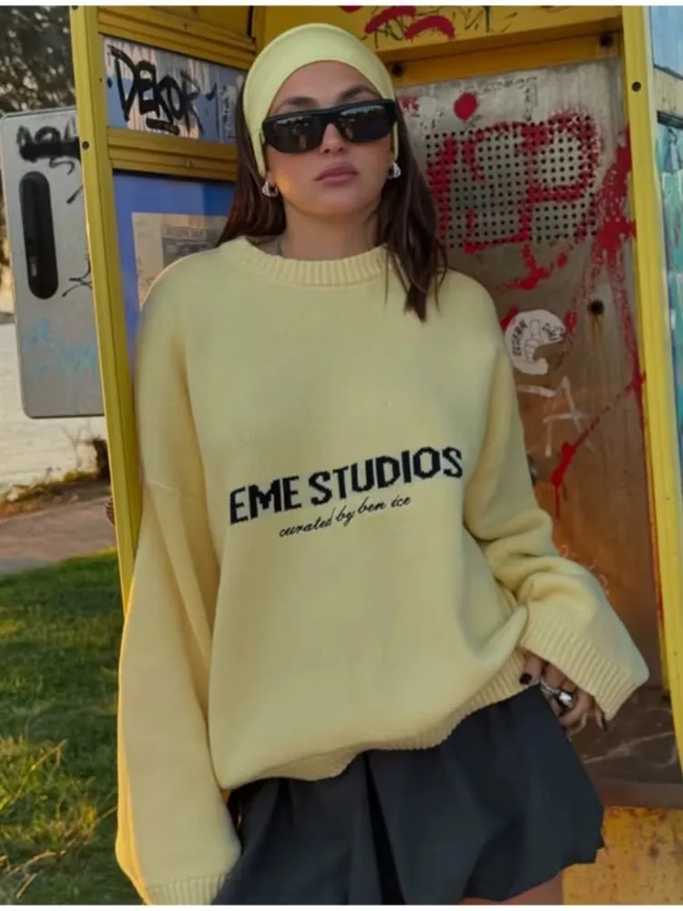 

Yellow Letter Sweater For Women Elegant Casual Round Neck Long Sleeve Loose Knitted Tops Autumn 2025 New Street Holiday Sweaters