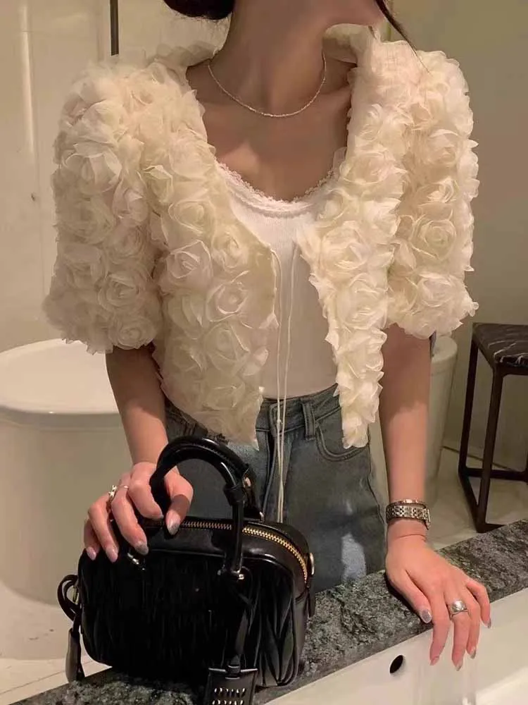 

Romantic V-Ne Loose irt Jaet Women's Korean Sle Floral Embroidery Tie-Belted Open Cardigan Top Small Fraance Sle