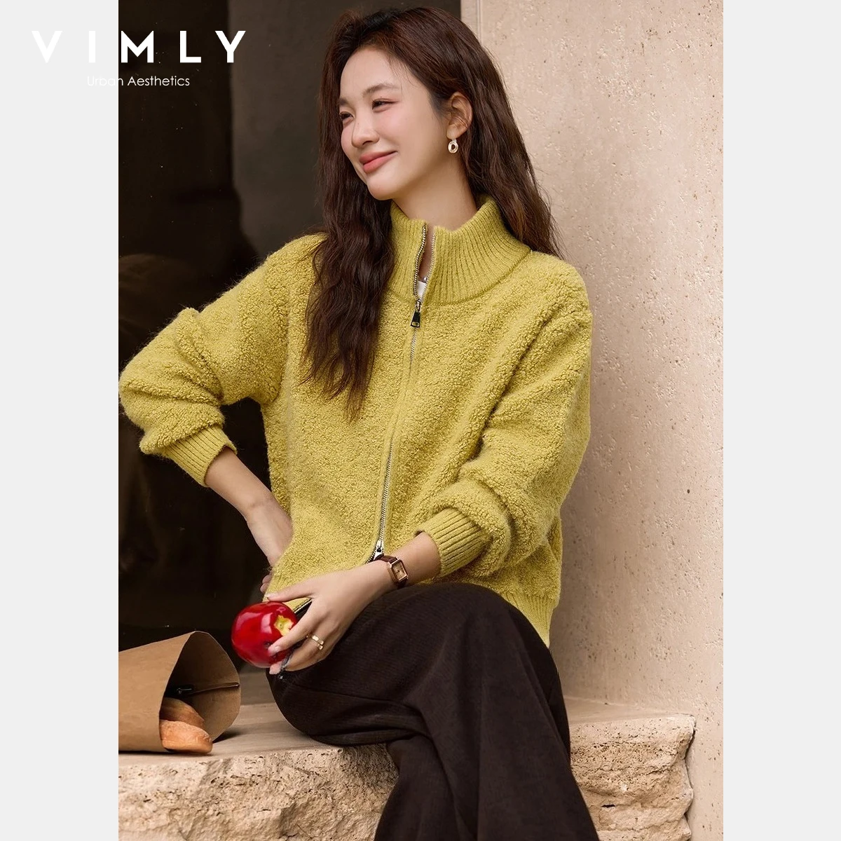 

VIMLY женский повседневный кардиган, новинка зимы 20%, высокая шея, двусторонняя молния, короткий трикотаж, мягкая уютная свободная женская верхняя одежда 30596