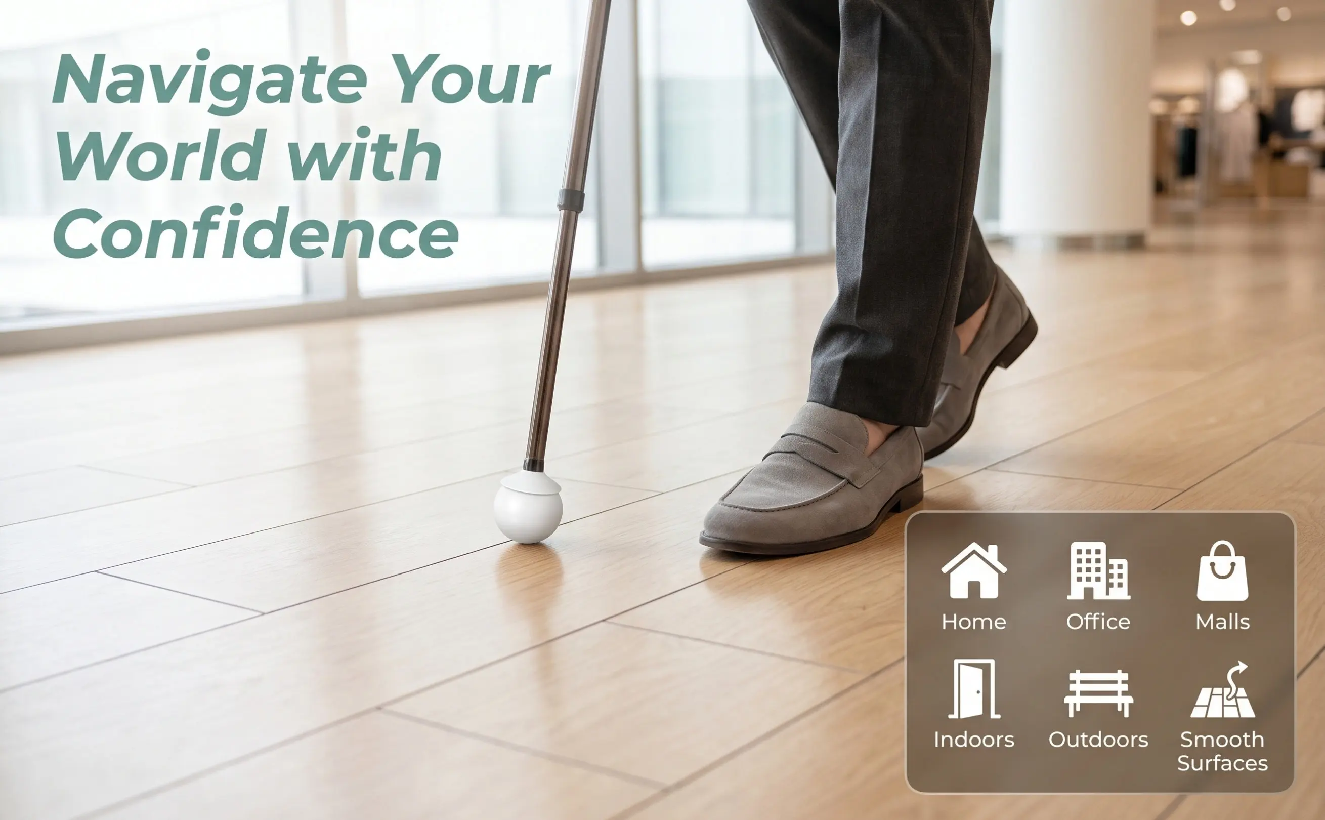 White Hook Type Rolling Cane Tip Blind Cane Props Stability Walking Stick Assistive Protection Tip Outdoor Indoor Use