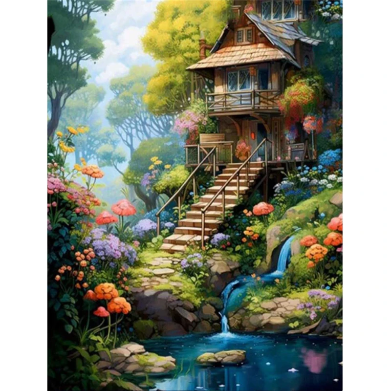 YUMEART Landscape wonderland Diamond Painting Cross Stitch Picture of Rhinestones House Mosaic Flower Stream Decor For Home