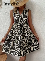 Women Boho Print Mini Dress Summer Elegant Sleeveless V Neck Ruffle A Line Tank Dress Casual Loose Oversize Beach Party Sundress - Image 4
