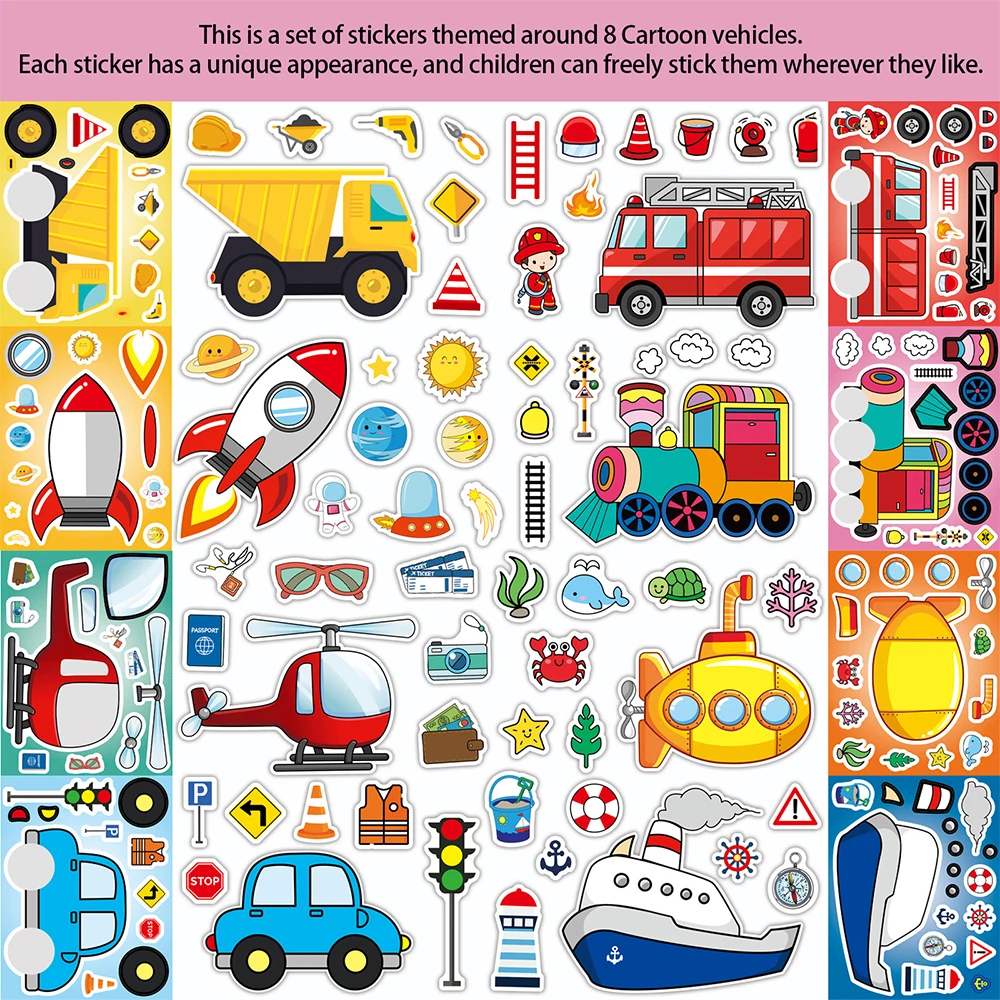 8/16Sheets Cartoon Vehicle Puzzle Stickers Engineering Transportation Kids Educational DIY Cartoon Jigsaw Make a Face Sticker
