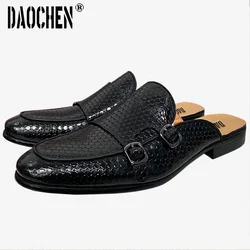 Mulas meio sapato estilo clássico masculino, alça de fivela dupla, sapato de vestido casual, preto, marrom, sapatos de couro respirável