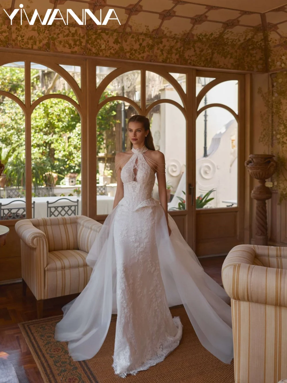

2026 New Detachable Train Lace Wedding Dress Dazzling Beaded Halter Bridal Gown Customized Mermaid Long Dresses For Bride