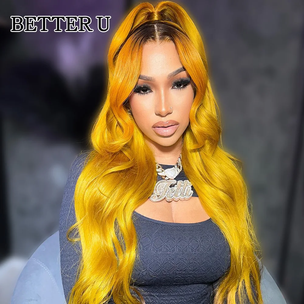 

Straight Yellow Colored Human Hair Wig With Dark Root 13x4 13x6 Clear Lace Front Wig For Women Pre-Plucking 5x5 Lace Closure Wig