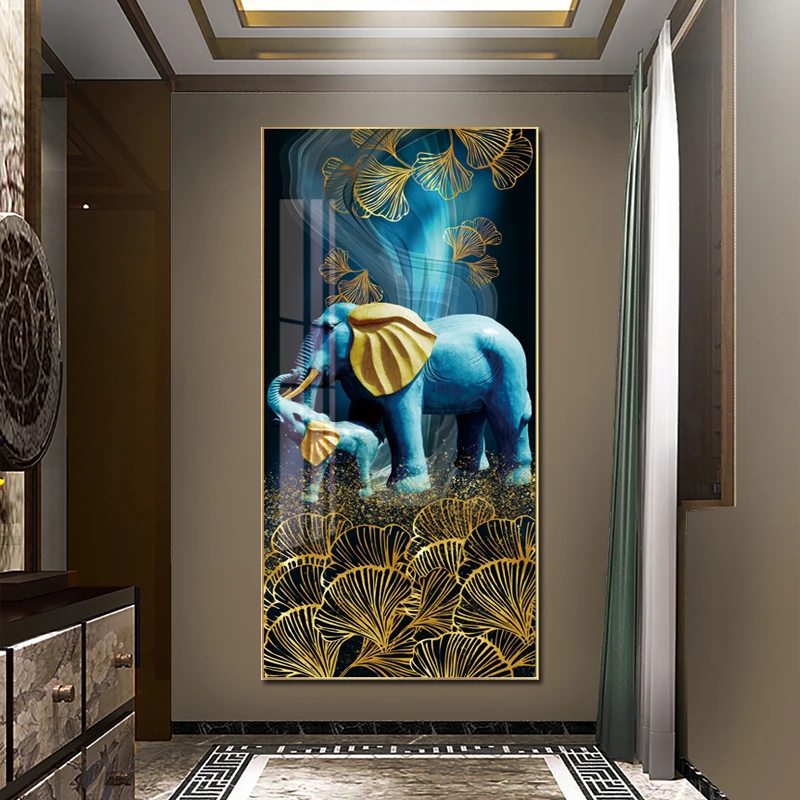 

Blue baby Elephant Family Poster Canvas Painting Gold Leaf Luxury Living Room animal Wall Art Prints Aisle Decoration Painting