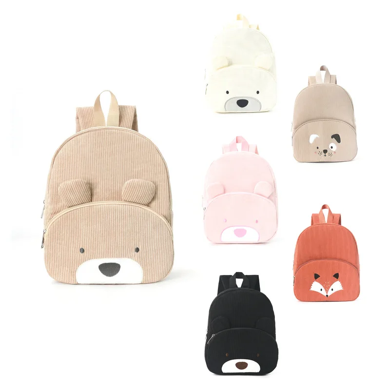 Cute Bear Corduroy Backpack for Elementary School Students, Fashionable Casual Backpack, Cartoon Plush Bag