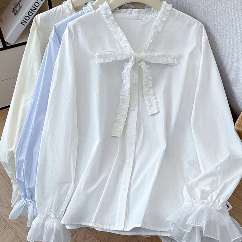 

Sweet Ruffles Shirts Women Spring Bandage Bow Patchwork Casual Blouse Elegant Long Sleeve Button Pure Cotton Female Fashion Tops