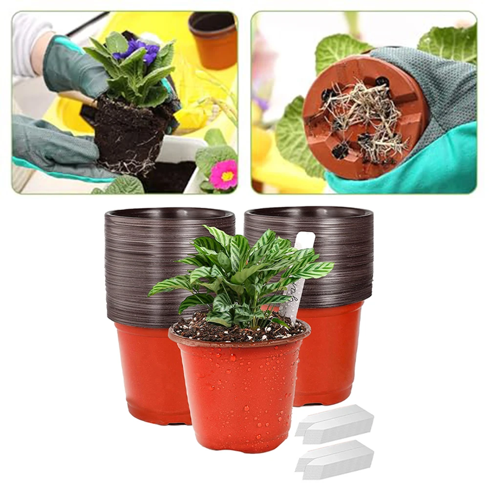 100 Pcs 4 Inch Red White Plastic Plant Pots With Labels Drainage Holes For Cuttings Vegetables Garden Nursery Tray