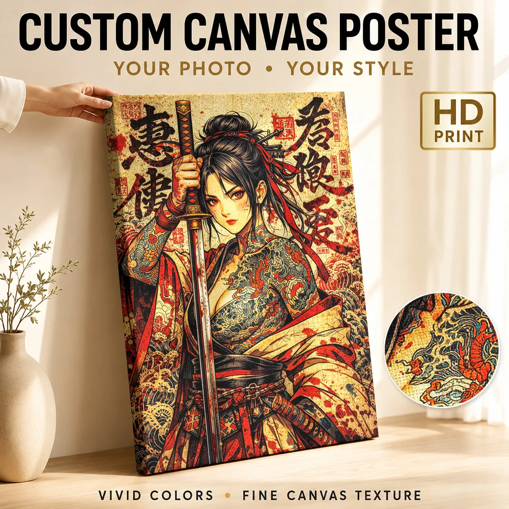 Tattooed Samurai Woman with Katana Canvas Painting Poster Customized Photo Japanese Inspired Canvas Wall Art for Bedroom Decor