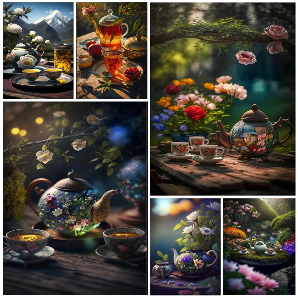 Chinese Tea Art Diamond Painting Kitchen Tea Set Flowers Diamond Embroidery Cross Stitch Kits Mosaic Landscape Home Decor GG493