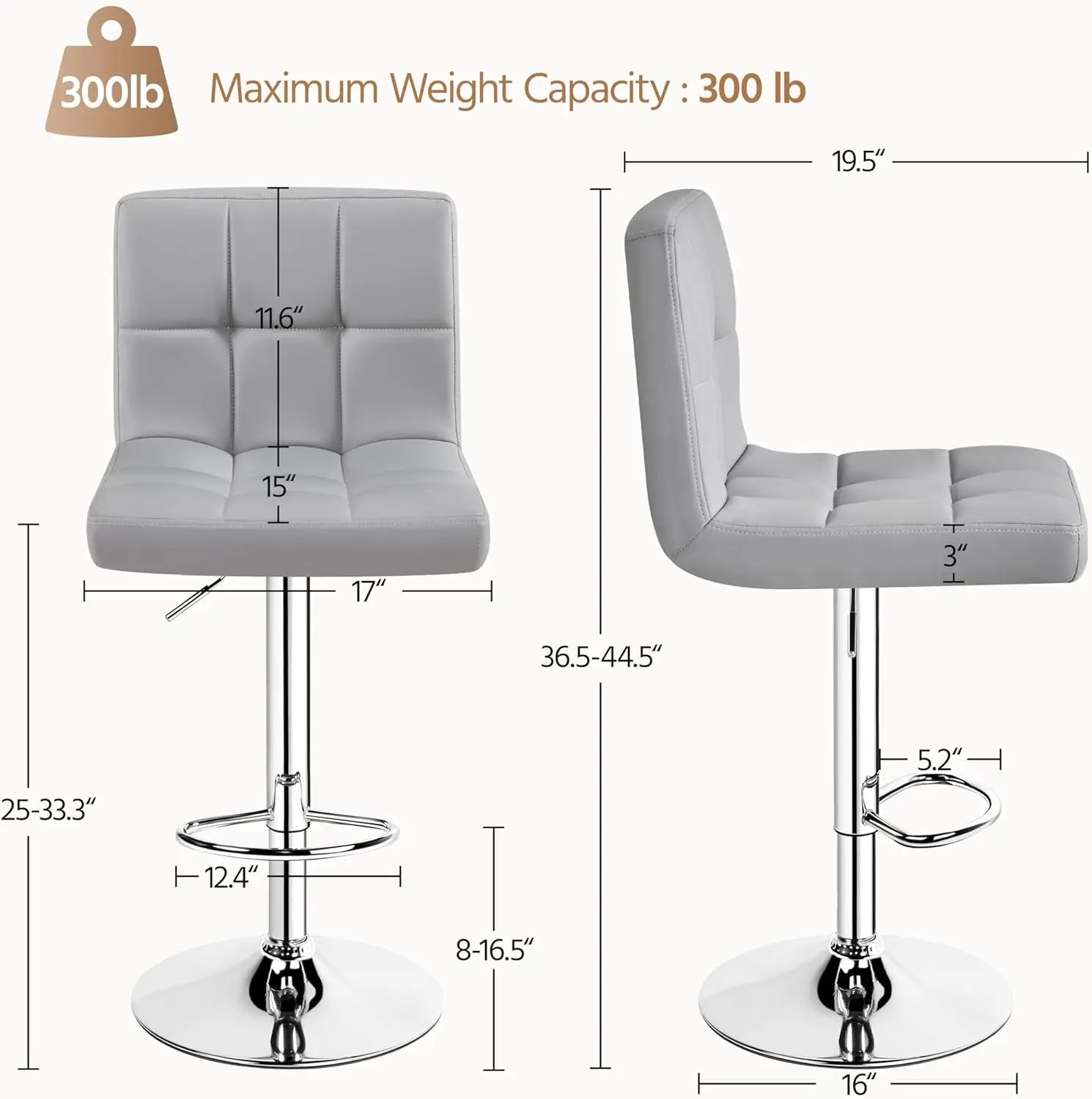 AdjustablePU Leather Swivel Barstools,Counter Stools with Back and Footrest,Counter Height Barstools for Bar,Kitchen Dining Room