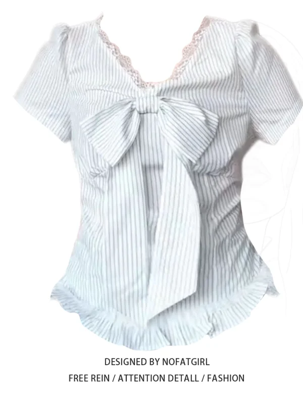 

plus Size Women's Striped irt Lace V-Ne Knot Design Summer Sensation Korean Sle Slim Fit Commute Faion