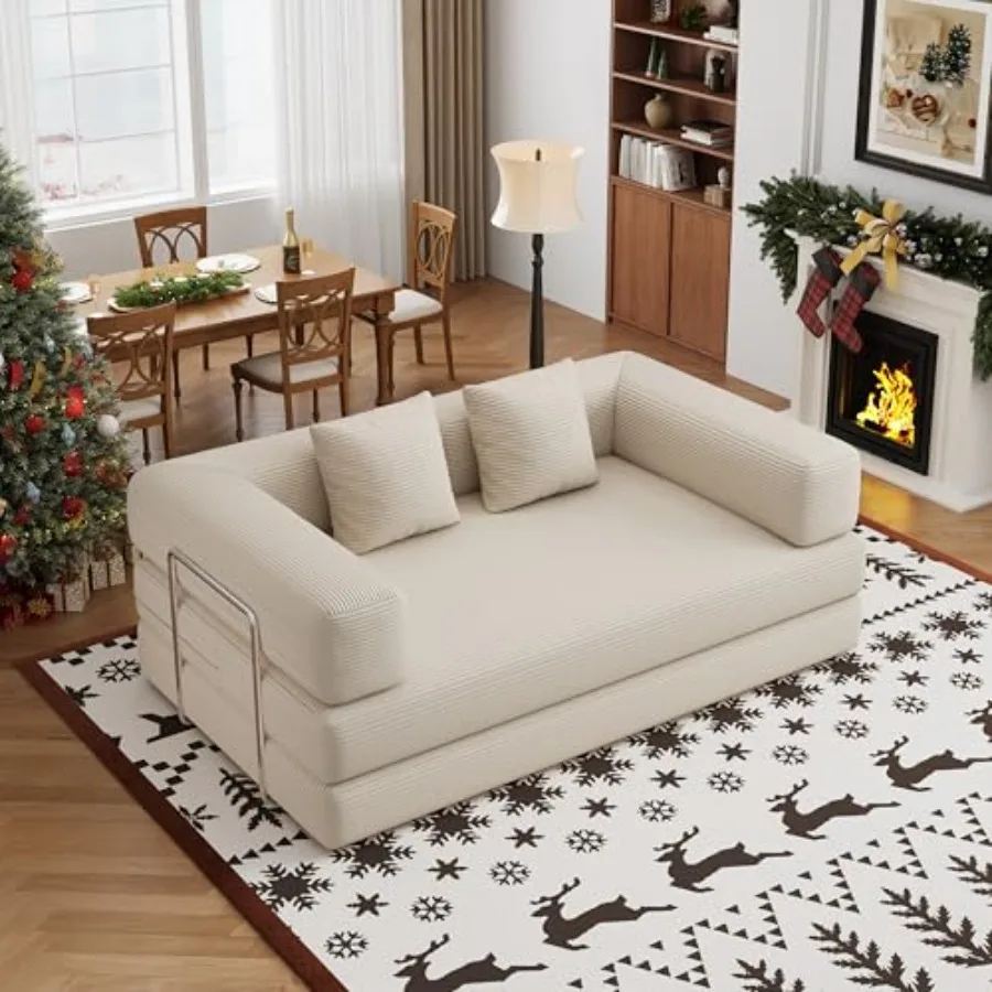 4-in-1 Foldable Sofa Bed Teddy Fabric Foam-Filled Compressed Couch, Beds Queen Size Convertible Sofa Couch Loveseat, Boneless F