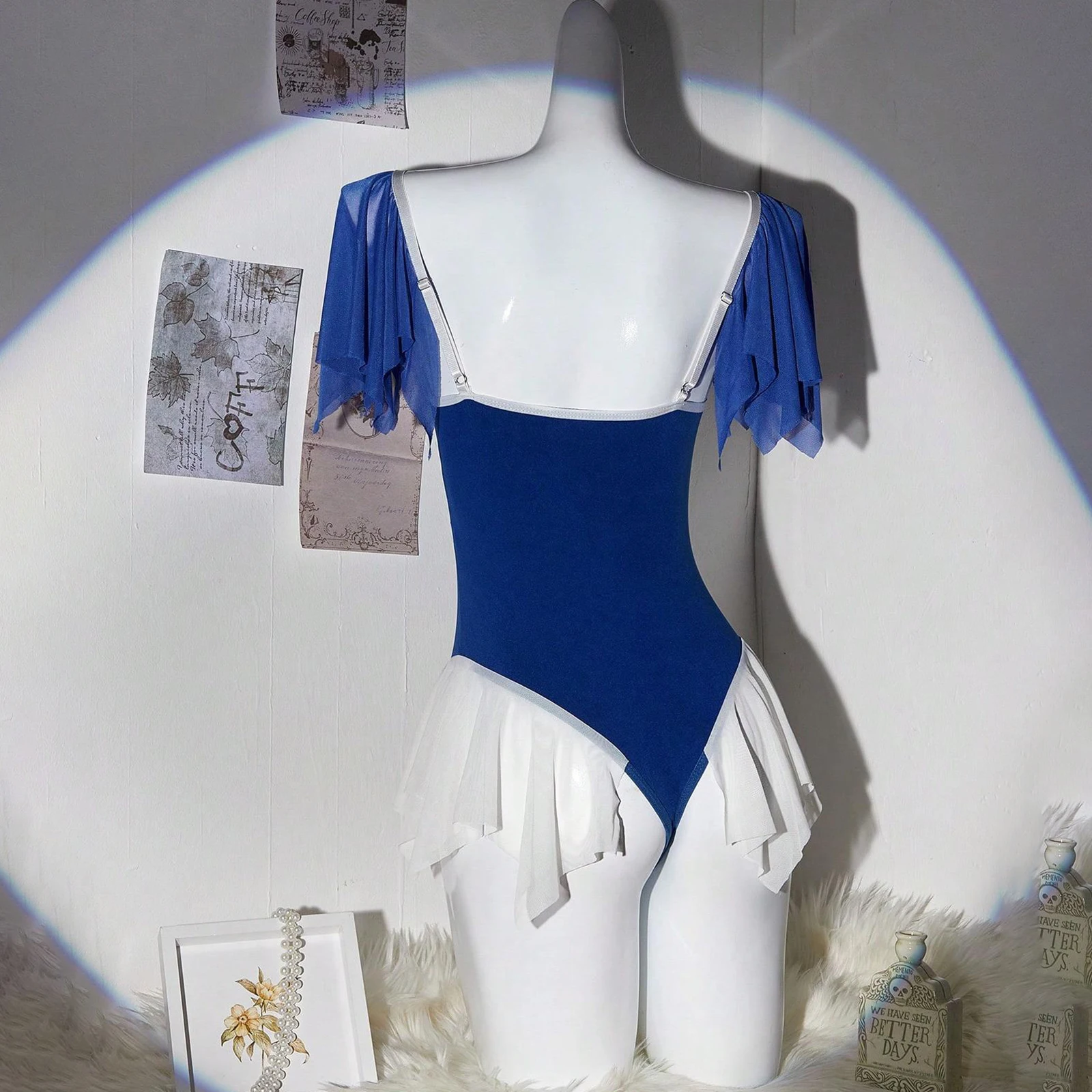 

Women Lingerie Bodysuit, Contrast Color Flutter Sleeve Square Neck Bow Jumpsuit Bodycon Sleepwear