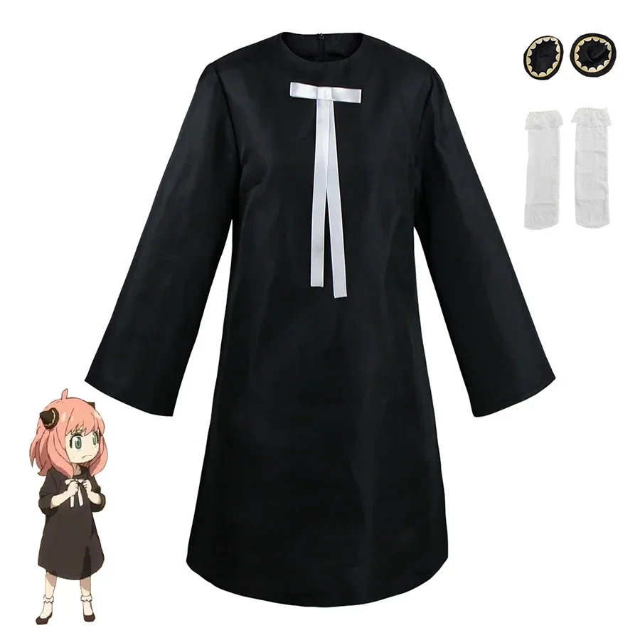 Anya Forger Cosplay Dress Anime Spy X Family Forger Anya Cosplay Wig Black Dress Socks Doll Halloween Costumes for Girls Women