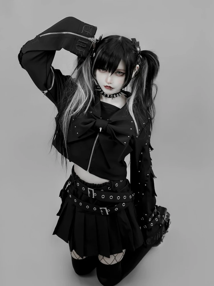 اليابانية Rojita Harajuku نمط كتلة اللون قصيرة سستة القوس القوطية حلقة مستديرة برشام الدنيم سترة معطف تنورة قطعتين مجموعة النساء