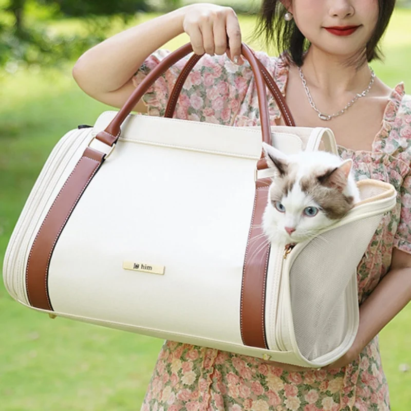 

pet Canvas and PU Leather carrier bag for cat and small dog breathable soft-sided pet handbag Cat Tote Bag foldable pet carrier