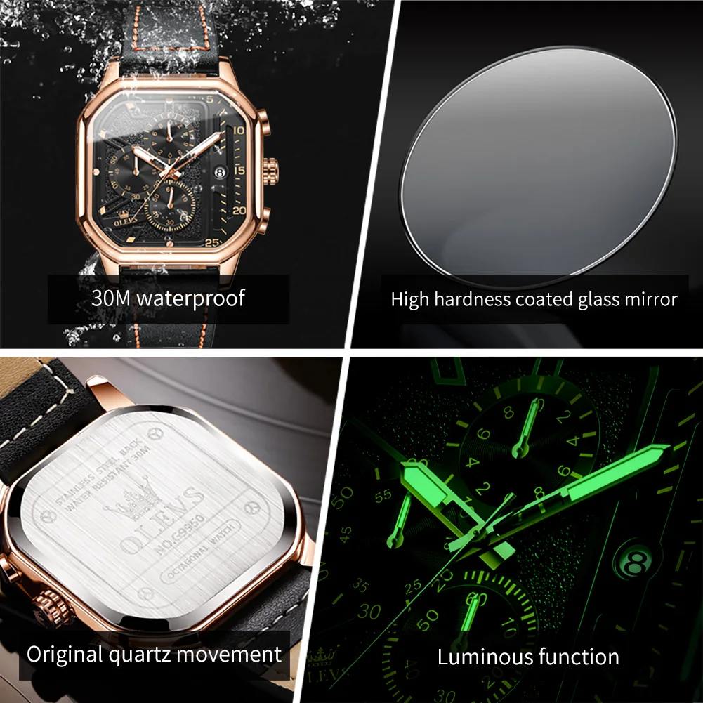 Olevs relógio masculino marca de luxo quadrado quartzo relógio de pulso à prova dwaterproof água luminosa pulseira couro esporte masculino reloj relógio