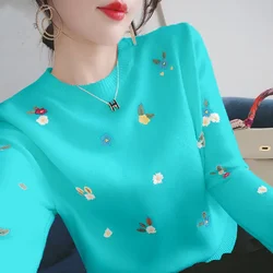 Small Daisy Embroidered Spring Round Neck Sweater Top Inner Wear Sweater Women