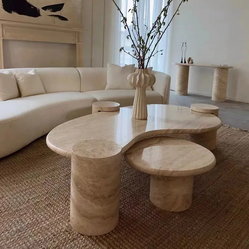 Oval Living Room Marble Coffee Table Set Travertine Marble Stone Top Travertine Side Coffee Table