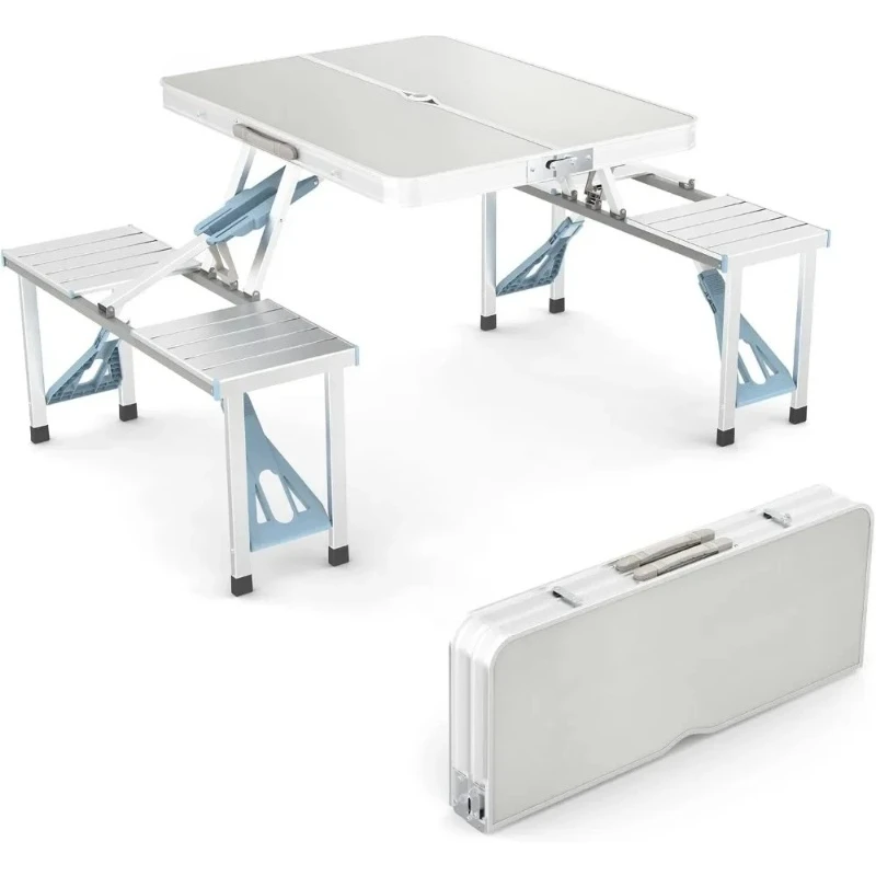 4Ft Folding Picnic Table with Seats/Umbrella, Fold Up Card Suitcase Table Aluminum Alloy Frame, Camping
