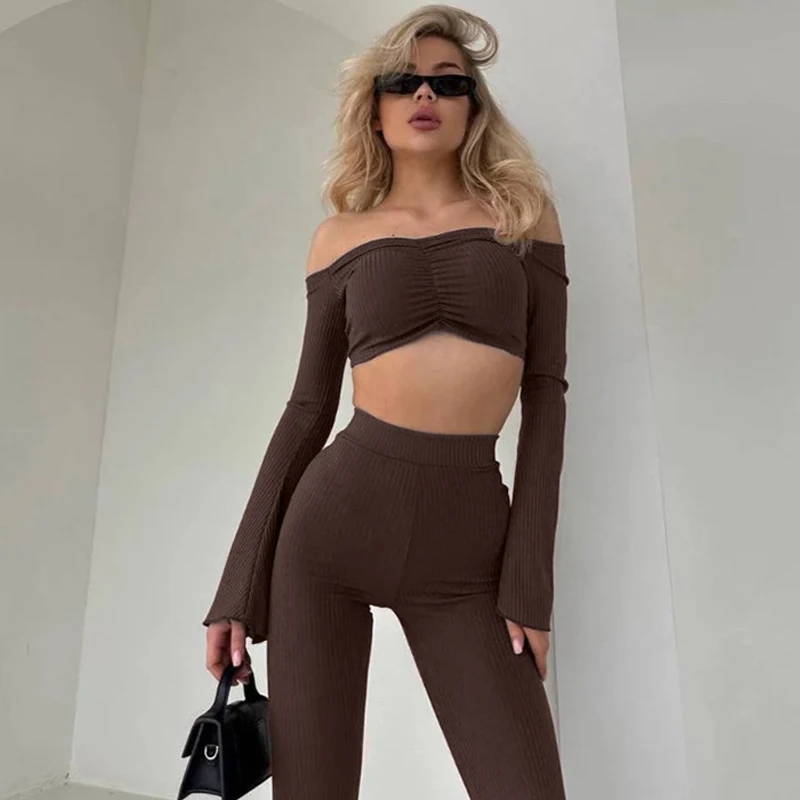 MSCSZ Off Shoulder Long Sleeve Top And Pants Sets Woman Fashion Sexy Festival Outfit Autumn Ribbed 2 Piece Matching Sets