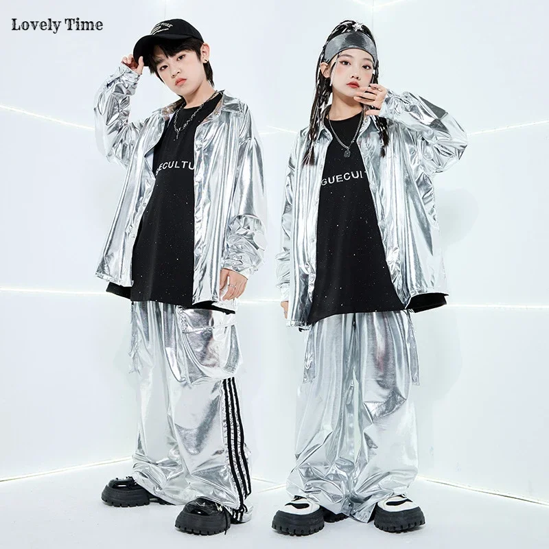 Boys Hip Hop Silver Jacket Street Dance K-pop Cargo Pants Girl PU Leather Clothes Sets Kids Children Teens Jazz Shiny Streetwear