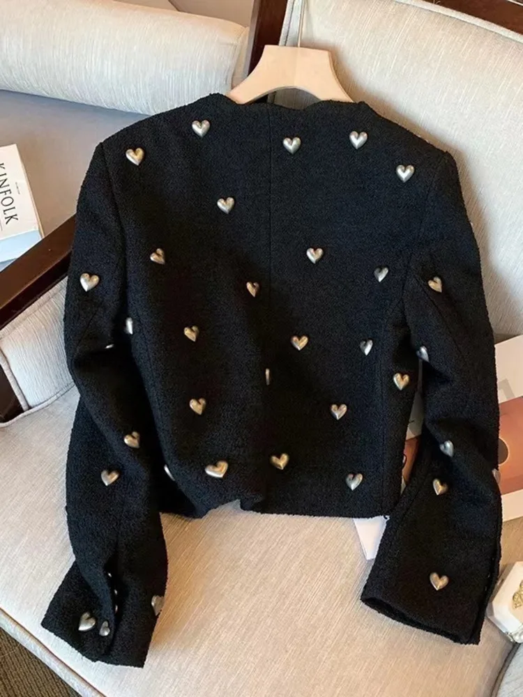 Fashion High Street Heart Shape Decoration Tweed Jacket Short Coat Fall Winter French Vintage Elegant Short Tops Women Outwear