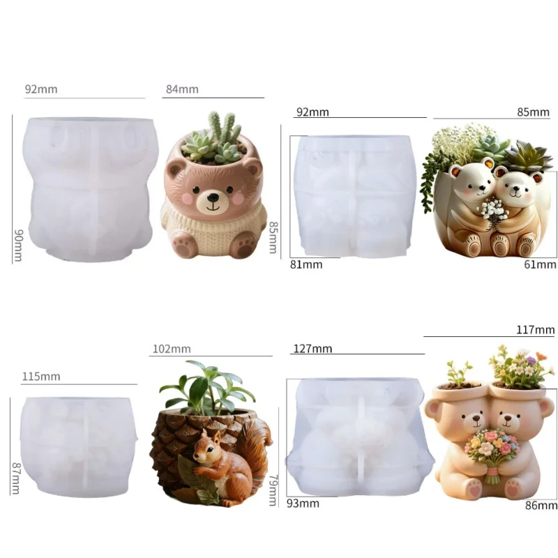 

4pcs Silicone Mold for Flower Pot & Candle Holder with Cute Bear - DIY Epoxy Resin & Plaster Craft