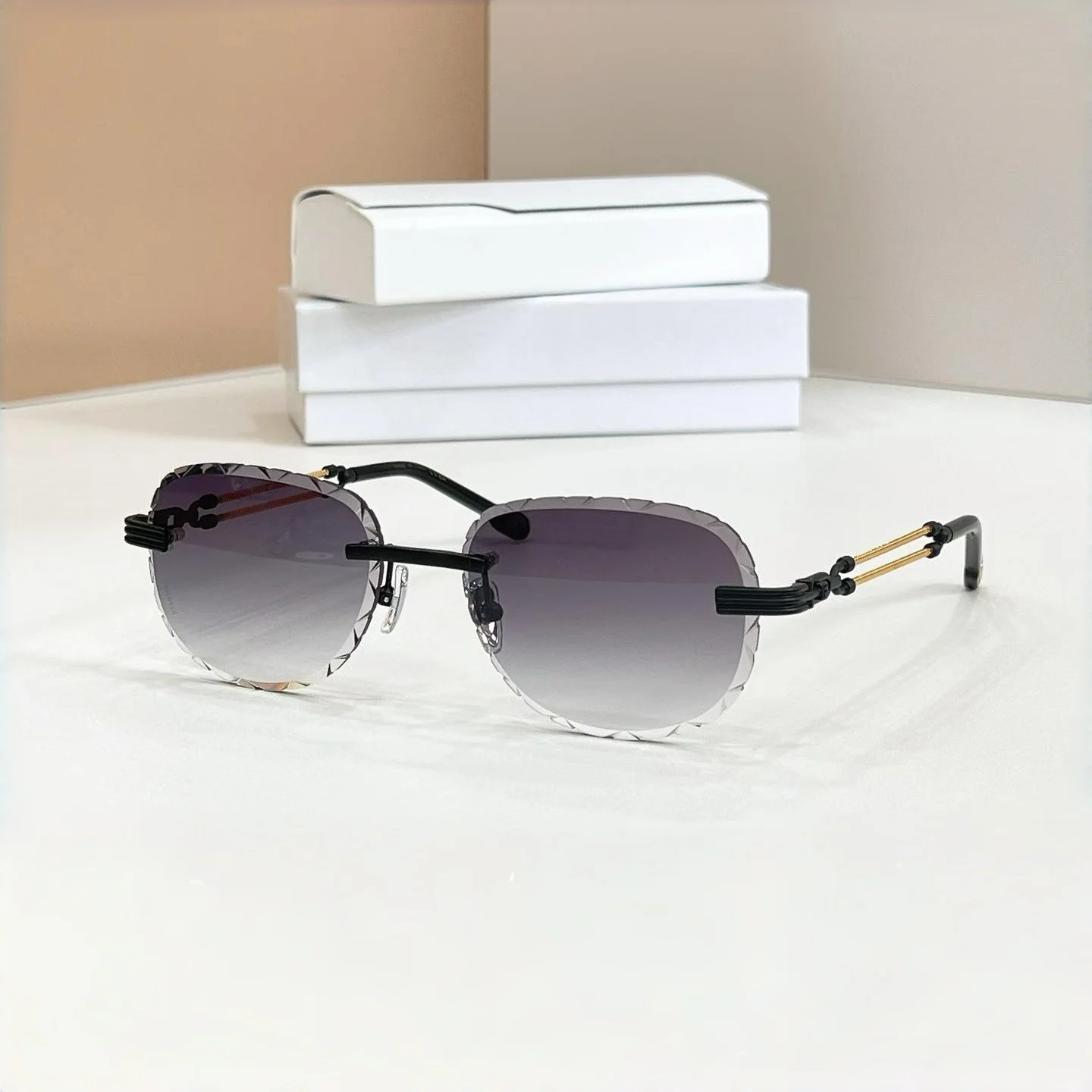 Designer Style Frameless Sunglasses Trend Fashion Unique Metal Temple Rectangle Diamond-cut Lace Lenses Unisex Outdoor Shades