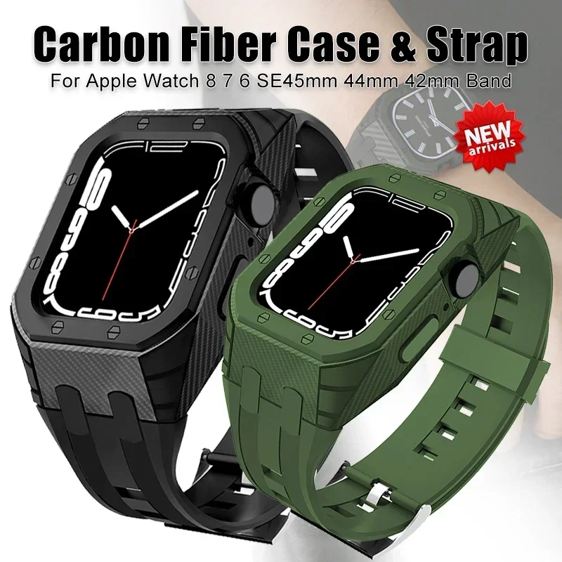 Silicone Strap Mod Kit For Apple Watch Band 45 44 42mm Carbon Fiber Case For iWatch Series 9 8 7 6 SE 5 4 3 2 1 Rubber Band Belt