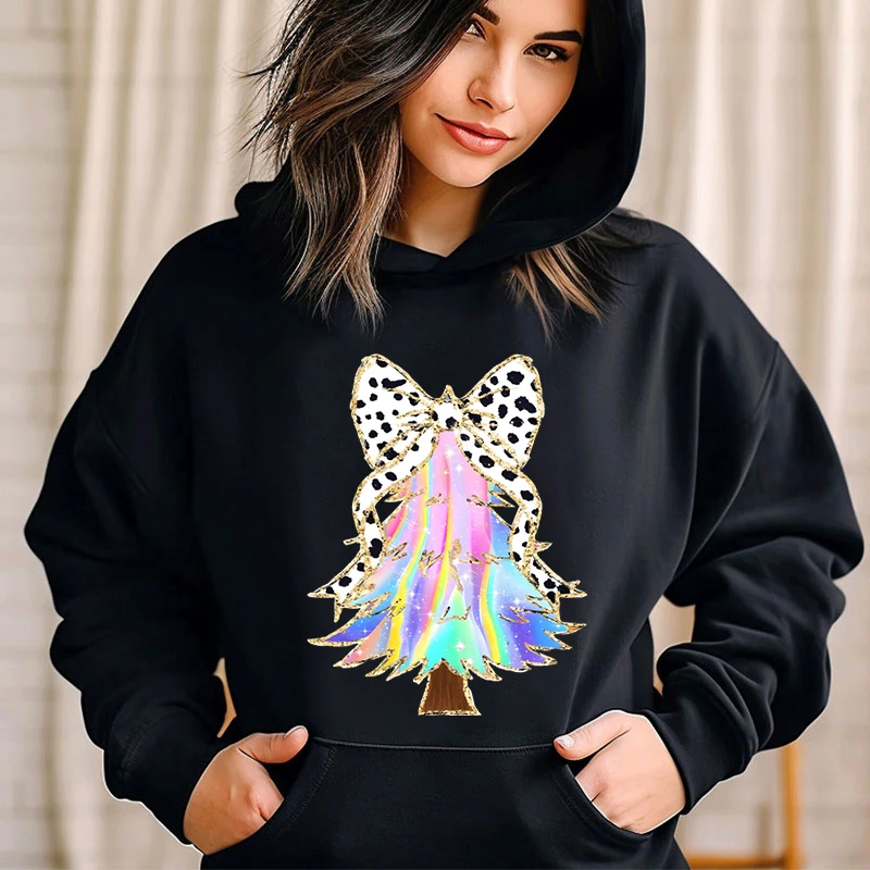 Sweet Colour Christmas Tree Graphic Y2K Hoodies Women Creative Leopard Print Bow Pullover Long Sleeve Fashion Xmas Party Hoody